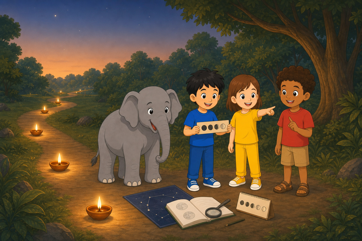 The three child explorers and Gajajī follow a lamp-lit forest path while comparing five positions in a lunar-calendar sequence.