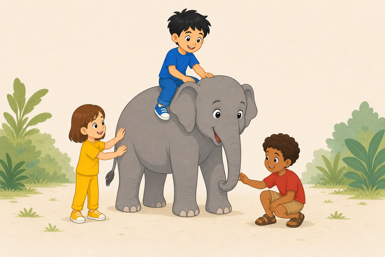 Ravi observes from Gajajī’s back, Prīti examines his side, and Sam studies his front leg and trunk.