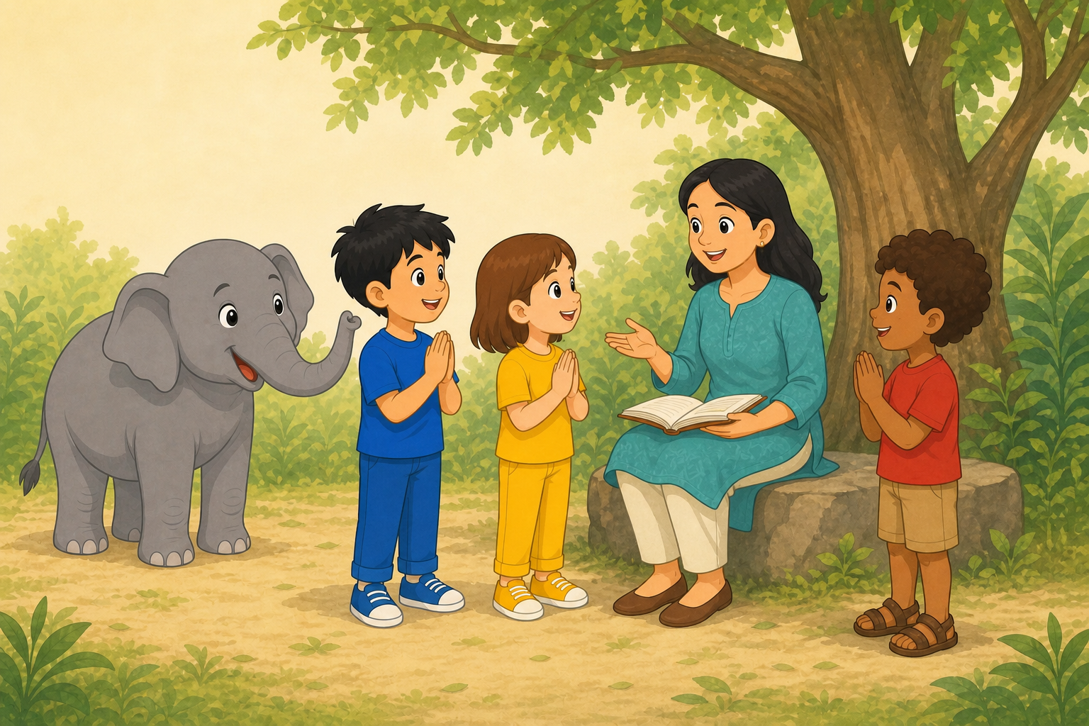 The three child explorers and Gajajī greet a contemporary woman teacher who shares an open book with them beneath a tree.