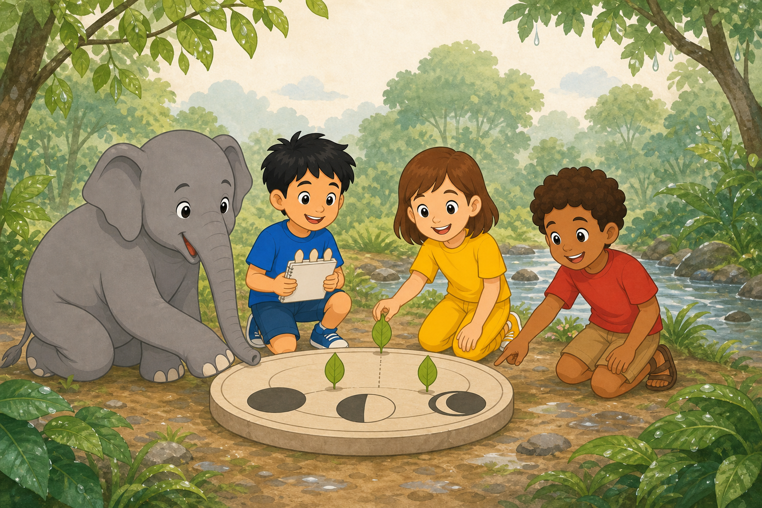 Prīti, Gajajī, Ravi, and Sam use three leaf markers and Moon shapes to learn about the third bright tithi.