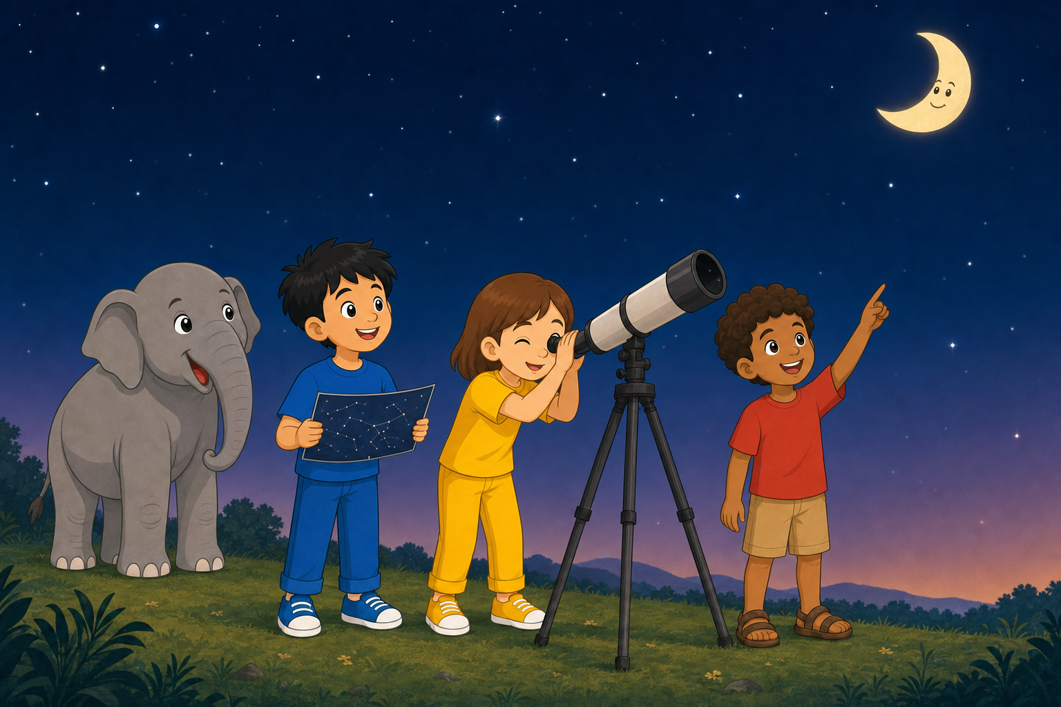 The three child explorers and Gajajī use a telescope and star chart to investigate the sky.