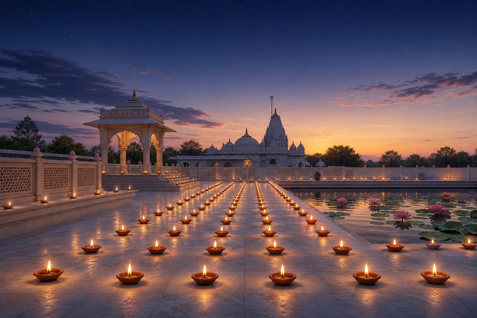 Rows of small oil lamps glow across a pale stone Jain temple courtyard beside a lotus pond before dawn.