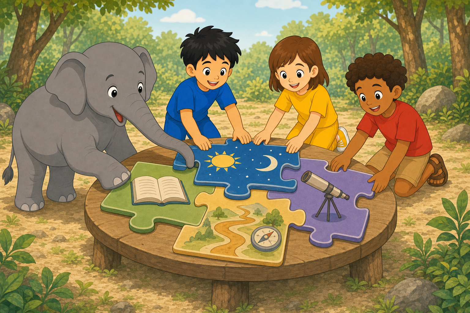 Gajajī and the three child explorers assemble a puzzle that connects the Sun and Moon, a book, a telescope, and a branching trail.