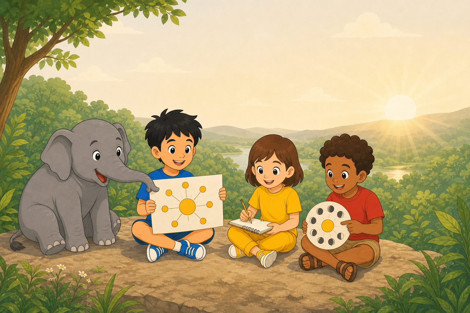 Gajajī and the three child explorers use drawings to learn about sunrise and the seventh bright tithi.