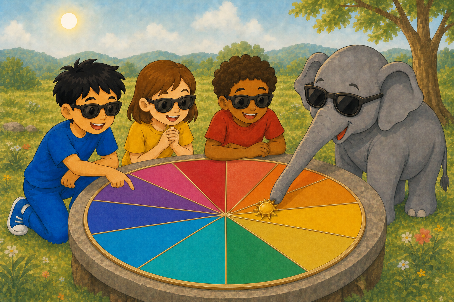 The three child explorers and Gajajī, all wearing sunglasses, move a golden Sun marker across a boundary on a twelve-part solar-year map.