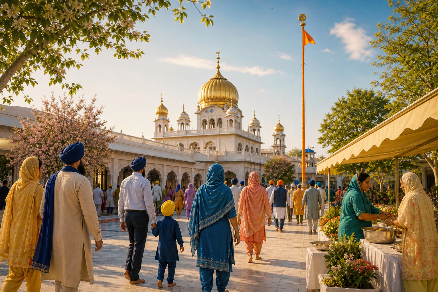 Sikh families with covered heads approach a gurdwara on a bright spring morning beside the Nishan Sahib.