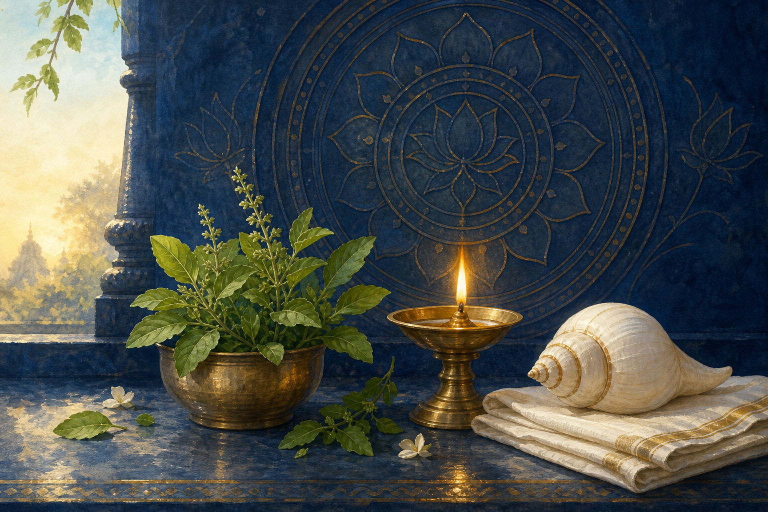 A respectful still life of tulasī leaves, a brass lamp, and a white conch in a blue-and-gold setting.