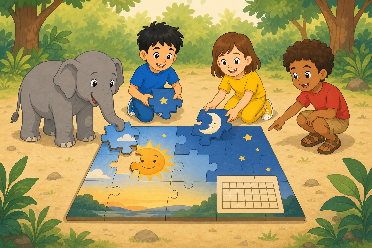 The three child explorers and Gajajī work together on a large jigsaw puzzle whose connected pieces reveal the Sun, Moon, stars, horizon, and a calendar.